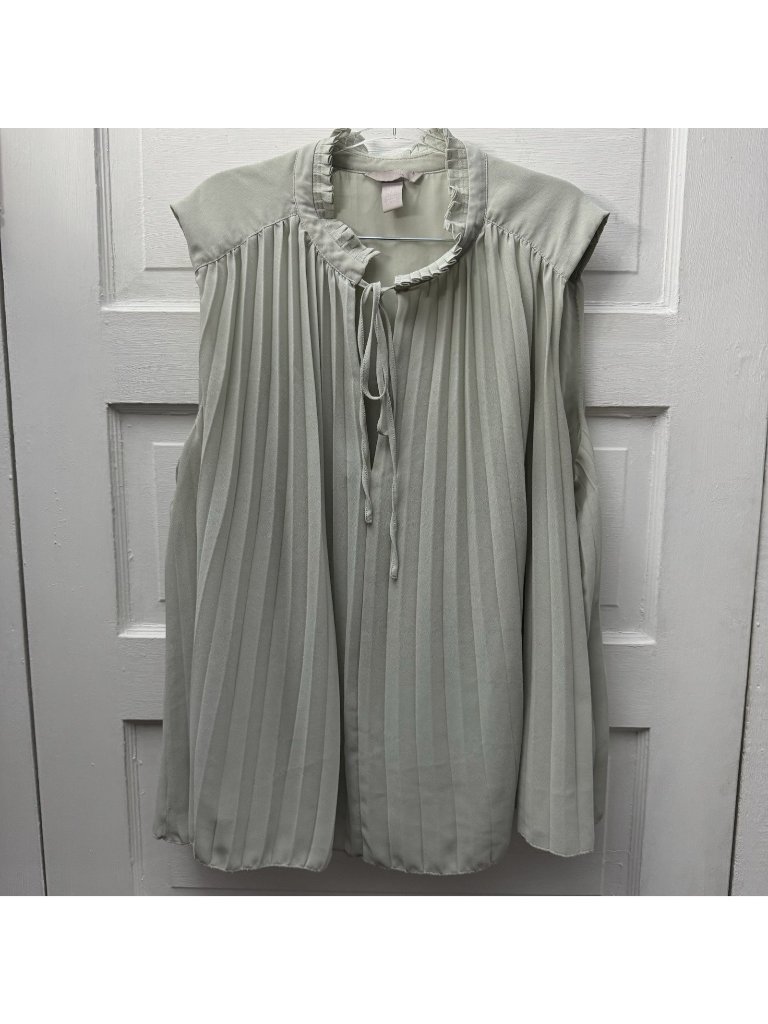 H&M Womens Xxl Sage Green Pleated Tie Neck Sleeveless Blouse Top